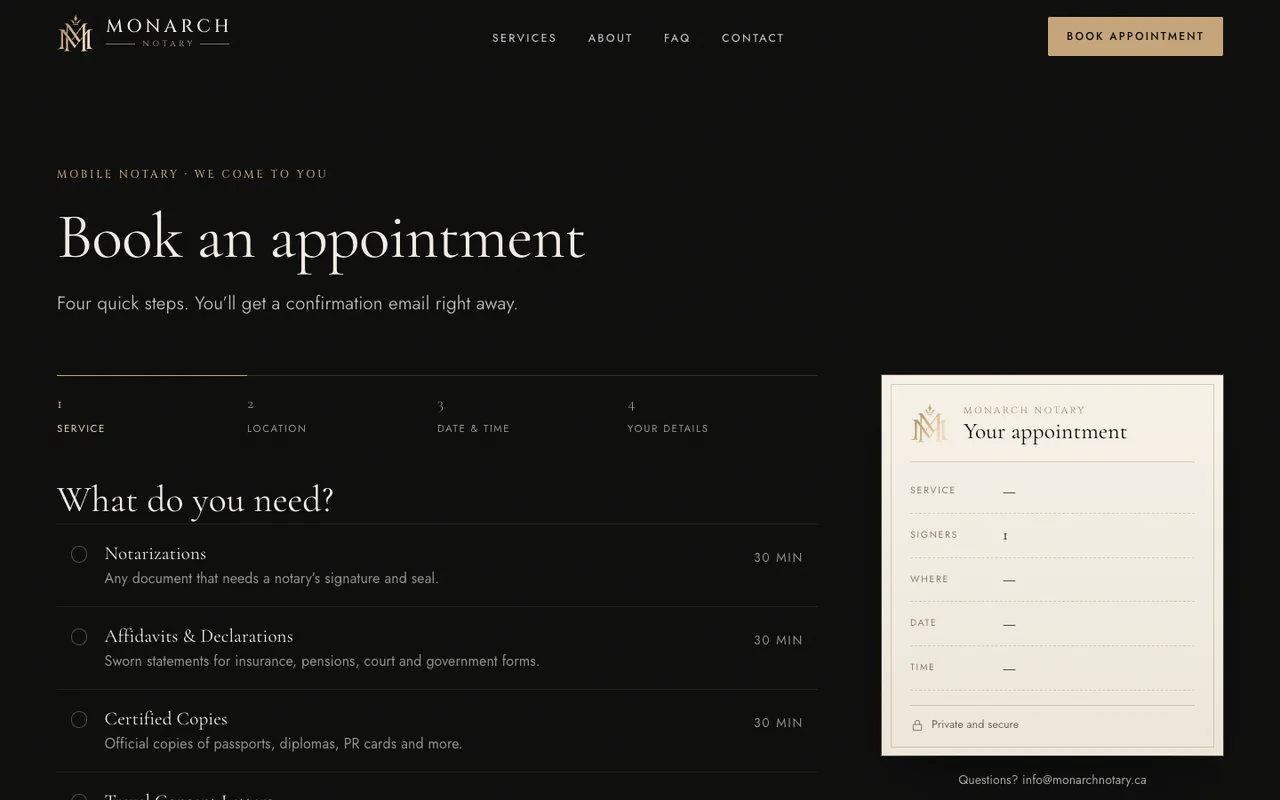 Monarch Notary booking page: four steps, service, location, date and time, your details